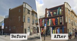 Dutch Artists Paint A Huge Bookcase On An Apartment Building
